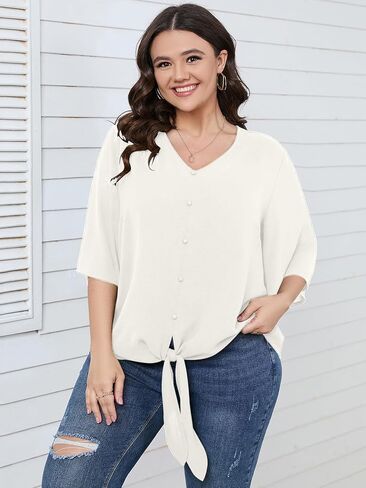 SCOMCHIC Women's Plus Size Blouses V Neck Tops 3/4 Sleeve Tie Knot Casual False Button Down Shirts XL-5XL in Kuwait
