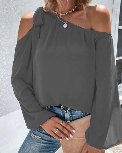 Bengbobar قمصان نسائية أنيقة مثيرة بدون أكتاف وأكمام طويلة وقمصان ملونة وعقدة على شكل فيونكة وبلوزات مقاس XX-Large رمادي in Kuwait