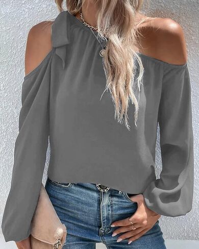 Bengbobar قمصان نسائية أنيقة مثيرة بدون أكتاف وأكمام طويلة وقمصان ملونة وعقدة على شكل فيونكة وبلوزات مقاس XX-Large رمادي in Kuwait