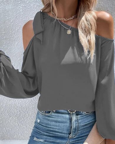 Bengbobar قمصان نسائية أنيقة مثيرة بدون أكتاف وأكمام طويلة وقمصان ملونة وعقدة على شكل فيونكة وبلوزات مقاس XX-Large رمادي in Kuwait