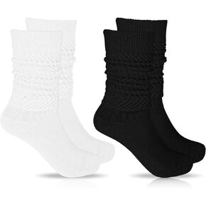 Women's Slouch Socks Soft Scrunch Socks Thigh High Boot Socks Knit Scrunchie Socks Size 9-11 (Black and White)