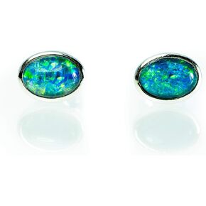 Genuine Opal Earrings - Australian Triplets Opal Earrings Stud - White Gold Plated on Sterling Silver - Simple Design Women's Jewelry