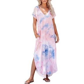 HOYISHION Women's Summer Maxi Dress Tie Dye Casual Loose V Neck Short Sleeve Long Beach Split Dress with Pockets