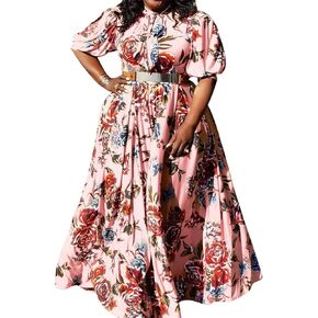 VERWIN Plus Size Floor-Length Print Half Lantern Sleeve Floral Women's Maxi Dress Expansion Dress