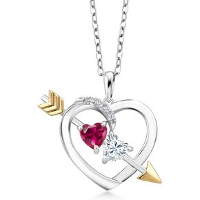 925 Sterling Silver and 10K Yellow Gold Forever Classic Moissanite from Charles & Colvard and Red Created Ruby Pendant Necklace For Women (1.14 Cttw, Heart Shape 5MM with 18 Inch Chain)