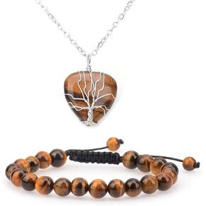 LPBeads Heart Healing Crystal Stone Necklace Wire Wrapped Tree of Life Chakra Pendant with Bracelet and Jewelry Bag