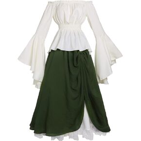 Womens Renaissance Victorian Costume Medieval Dress Trumpet Sleeve Ren Faire Shirt and Skirt