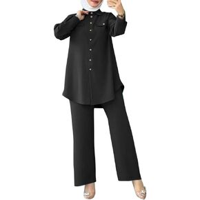 IBTOM CASTLE Women's Muslim Button Down Shirt Blouse Wide Leg Pants Suits Abaya Clothes Turkey Kaftan Tracksuits with Pockets