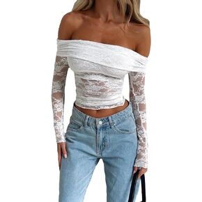 Women Y2K Lace Crop Top Long Sleeve Sheer Sexy Perspective Shirt See Through Going Out Tops Mesh Trendy Tee