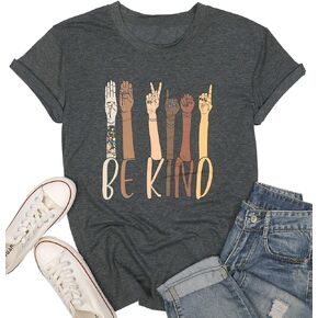 KIDDAD Be Kind Sign Language Shirt Women Inspirational Graphic Teacher Tees Casual Short Sleeve Loose Tops