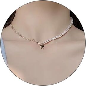Aleasha Gold Heart Pearl Choker for Women Half Pearl Half Chain Paperclip Necklace Jewelry Gift
