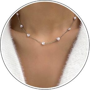 Zeshimb Faux Pearl Choker Necklace Dainty Heart Pearl Chain Necklace Vintage Baroque Pearl Necklace Simple Silver Pearl Clavicle Necklace Wedding Jewelry for Women