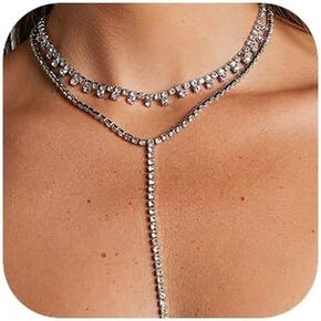 Missgrace Sexy Shiny Layered Y Long Choker Necklaces Rhinestone Necklace Chain Sparkly Crystal Necklace Jewelry for Women and Girls