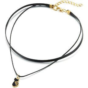 COOLSTEELANDBEYOND Ladies Black Choker Necklace with Dangling Black Enamel Kitty Cat Charm Pendant