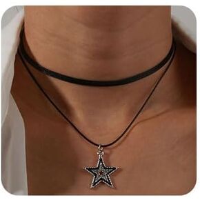 Layered Star Choker Necklace Vintage Star Necklace Black Leather Choker Necklace Adjustable Necklaces Jewelry Accessory for Women and Girls