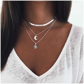 Bohemian Layered Moon Pendant Necklace Tree of Life Necklace Chain Snake Chain Necklace Silver Flat Snake Herringbone Choker Necklace Geometric Circle Necklace Chain Jewelry for Women and
