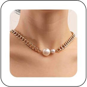 Punk Cuban Pearl Chain Necklace Big Pearl Choker Necklace Gold Chunky Curb Link Chain Necklace Rhinestone Pearl Necklace Jewelry for Women and Girls Gifts