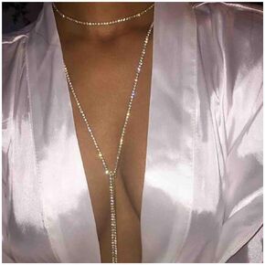 Bohemian Layered Tennis Chain Necklace Vintage Crystal Choker Necklace Gold Rhinestone Necklace Chain Adjustable Long Multi Row Tennis Necklace Chain Jewelry for Women and Girls