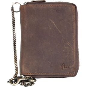 FLW Genuine Leather Wallet with Metal Zip-Around (zipper around) with Chain