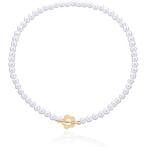Plum Blossom Daisy Flower Choker Necklace Crystal Beaded Imitation Pearl Toggle Clasp for Women Girls Elegant Boho Clavicle Chains Minimalist Jewelry