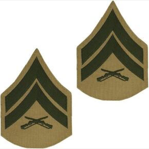 Marine Corps Chevron: Corporal - green embroidered on khaki, male