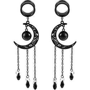 2PCS Fashion Black Chain Moon Earrings Plugs Tunnels 316 Stainless Steel Pendant Ear Gauges Body Piercing Jewelry