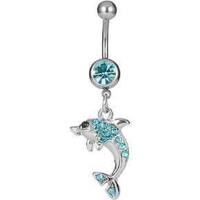 Dolphin Belly Button Rings 14G Surgical Stainless Steel Cute Dangle Shiny Navel Barbell Stud Cubic Zirconia Body Piercing