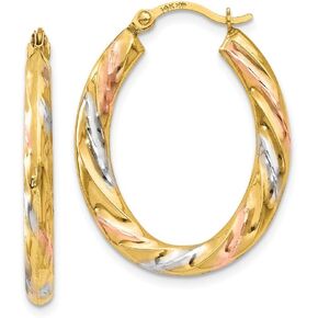 14k White and Yellow Gold Two Toned and White and Rose Oval Scallop Hoop Puffed Shrimp Earrings - 24mm x 19mm