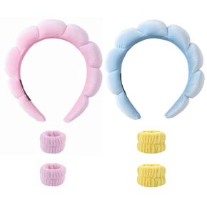 LEICHI Makeup Skincare Headband for Women, Spa Headbands for Washing Face, 2pcs Hairbands Towels Make up Hairbands, 4pcs Wristbands for Washing Hands (Black & Pink)