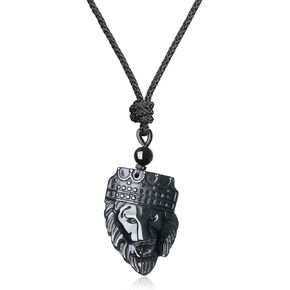 COAI Crowned Lion King Obsidian Stone Pendant Necklace