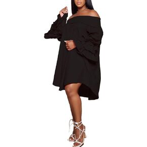 MESLIMA Women's Casual Plus Size Shirred Off Shoulder Bell Long Sleeve Ruffle Loose Irregular Hem Midi Dress