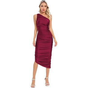 Capuffy Women's One Shoulder Club Dresses Ruched Bodycon Cocktail Pencil Dress 2024 Sleeveless Slim Fitted Party Dress 287