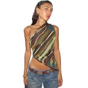 Women's Sexy Asymmetric One Shoulder Crop Top Sleeveless Abstract Print Tank Tops Slim Y2k Tees Camisole