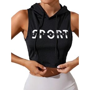 SweatyRocks Women's Letter Print Drawstring Hoodie Top Sleeveless Crop Tank Tops