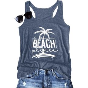 Women Vintage Beach Graphic Racerback Tank Top Summer Vacation Hawaiian Sunset Sun Sand Sleeveless Basic-Fit Shirt Cami