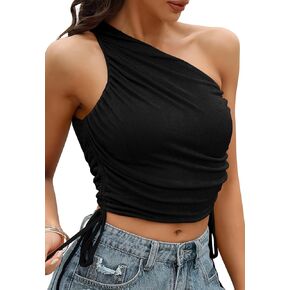 V FOR CITY Women's Sexy One Shoulder Drawstring Ruched Crop Top Sleeveless Strappy Cami