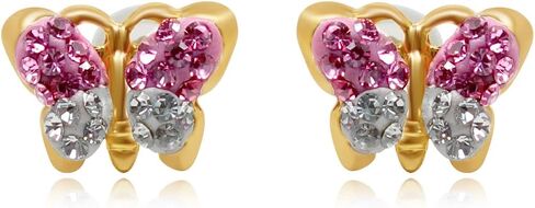 Jewelili 10K Yellow Gold 1MM Pink and White Precious Crystal Butterfly Stud Earrings in Saudi Arabia