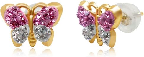 Jewelili 10K Yellow Gold 1MM Pink and White Precious Crystal Butterfly Stud Earrings in Saudi Arabia