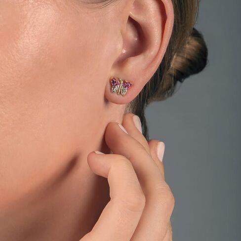 Jewelili 10K Yellow Gold 1MM Pink and White Precious Crystal Butterfly Stud Earrings in Saudi Arabia