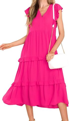 Allimy Womens Summer Flutter Sleeves V Neck Smocked Dress Flowy Tiered Skirt Midi Dresses in Kuwait