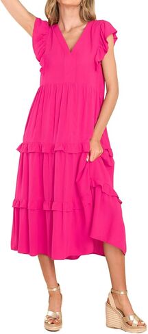 Allimy Womens Summer Flutter Sleeves V Neck Smocked Dress Flowy Tiered Skirt Midi Dresses in Kuwait