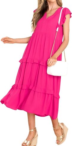 Allimy Womens Summer Flutter Sleeves V Neck Smocked Dress Flowy Tiered Skirt Midi Dresses in Kuwait