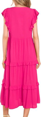 Allimy Womens Summer Flutter Sleeves V Neck Smocked Dress Flowy Tiered Skirt Midi Dresses in Kuwait