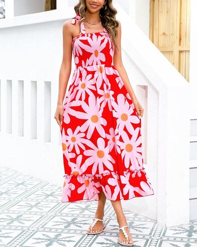Infashule Summer Dresses 2023 Boho Maxi Ruffle Dresses Smocked Dress for Women in Kuwait