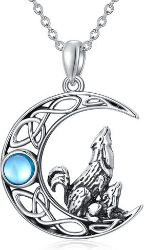 قلادة ذئب من PLATYCO 925 الفضة الاسترليني الهلال القمر الذئب قلادة القمر قلادة القمر العاوي الذئب مجوهرات هدية للنساء الفتيات الذئب، الفضة الاسترليني ، القمر, فضة استرلينية, مون ستون in Kuwait