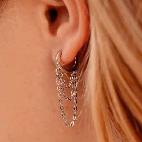 Pura Vida Silver Draped Chain Hoop Earrings - Handmade Earrings with E-Coating, Boho Earrings - Sterling Silver Earrings for Women, Statement Earrings for Women, Boho Jewelry for Women - 1 Pair in Saudi Arabia