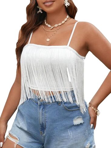 OYOANGLE Women's Boho Plus Size Spaghetti Strap Fringe Trim Crop Cami Tops Solid Camisole Top in Saudi Arabia
