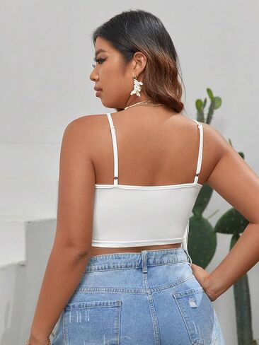 OYOANGLE Women's Boho Plus Size Spaghetti Strap Fringe Trim Crop Cami Tops Solid Camisole Top in Saudi Arabia
