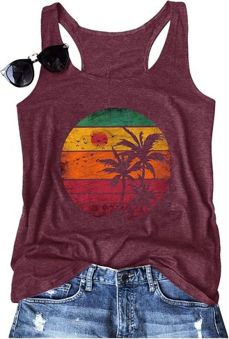 Women Vintage Beach Graphic Racerback Tank Top Summer Vacation Hawaiian Sunset Sun Sand Sleeveless Basic-Fit Shirt Cami in Saudi Arabia