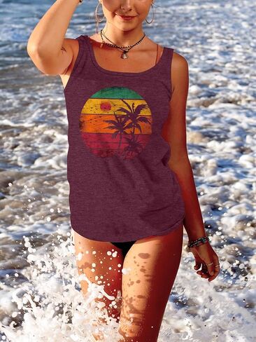 Women Vintage Beach Graphic Racerback Tank Top Summer Vacation Hawaiian Sunset Sun Sand Sleeveless Basic-Fit Shirt Cami in Saudi Arabia